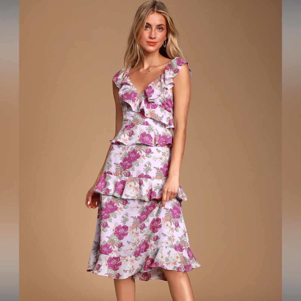 Lulu’s Fleur-Evermore Lavender Floral Print Ruffled Midi Dress